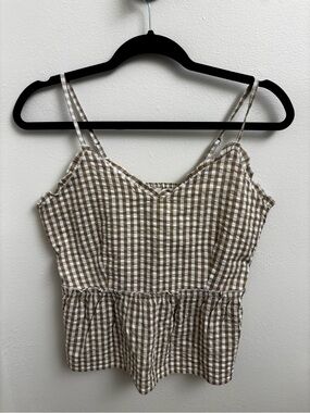 Sim & Sam Gingham Peplum Baby Doll Tank Top Brown & White Medium 100% Cotton